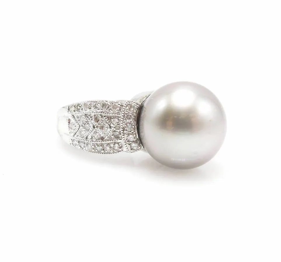 Large South Sea Pearl Ring With Diamonds in White Gold
