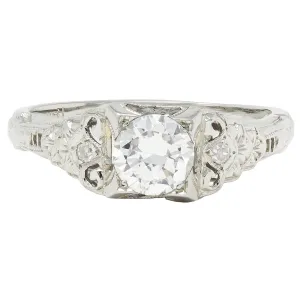 Late Art Deco 0.70 CTW European Cut Diamond 18 Karat White Gold Vintage Lotus Engagement Ring