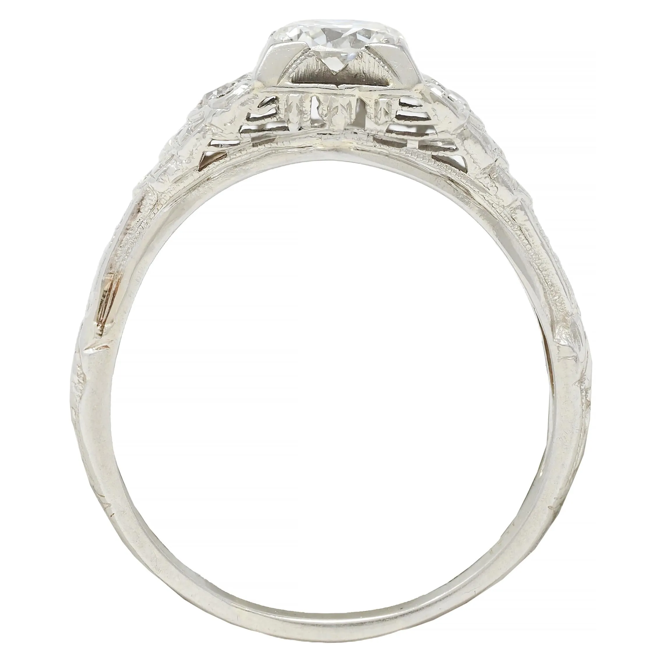 Late Art Deco 0.70 CTW European Cut Diamond 18 Karat White Gold Vintage Lotus Engagement Ring