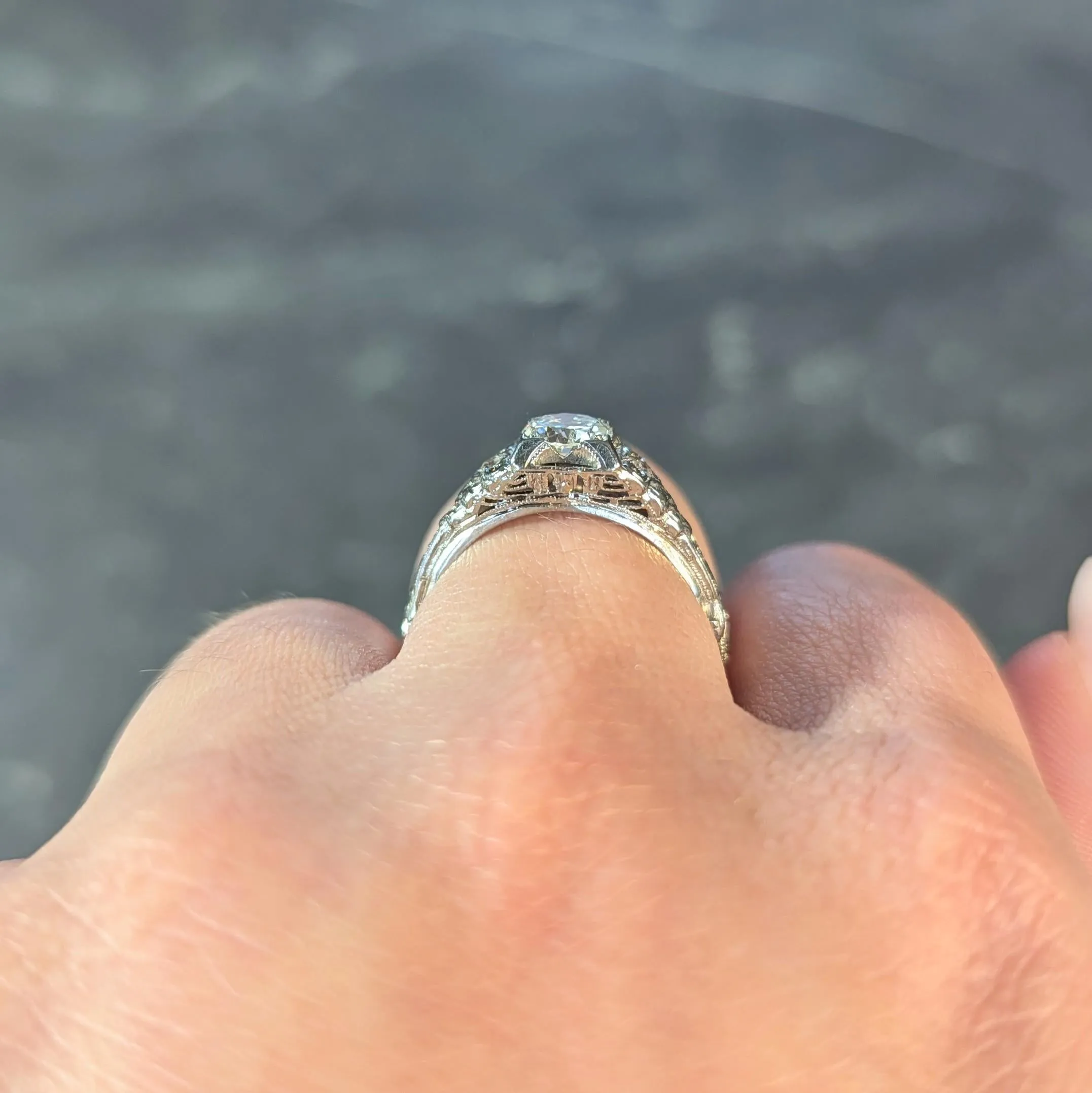 Late Art Deco 0.70 CTW European Cut Diamond 18 Karat White Gold Vintage Lotus Engagement Ring