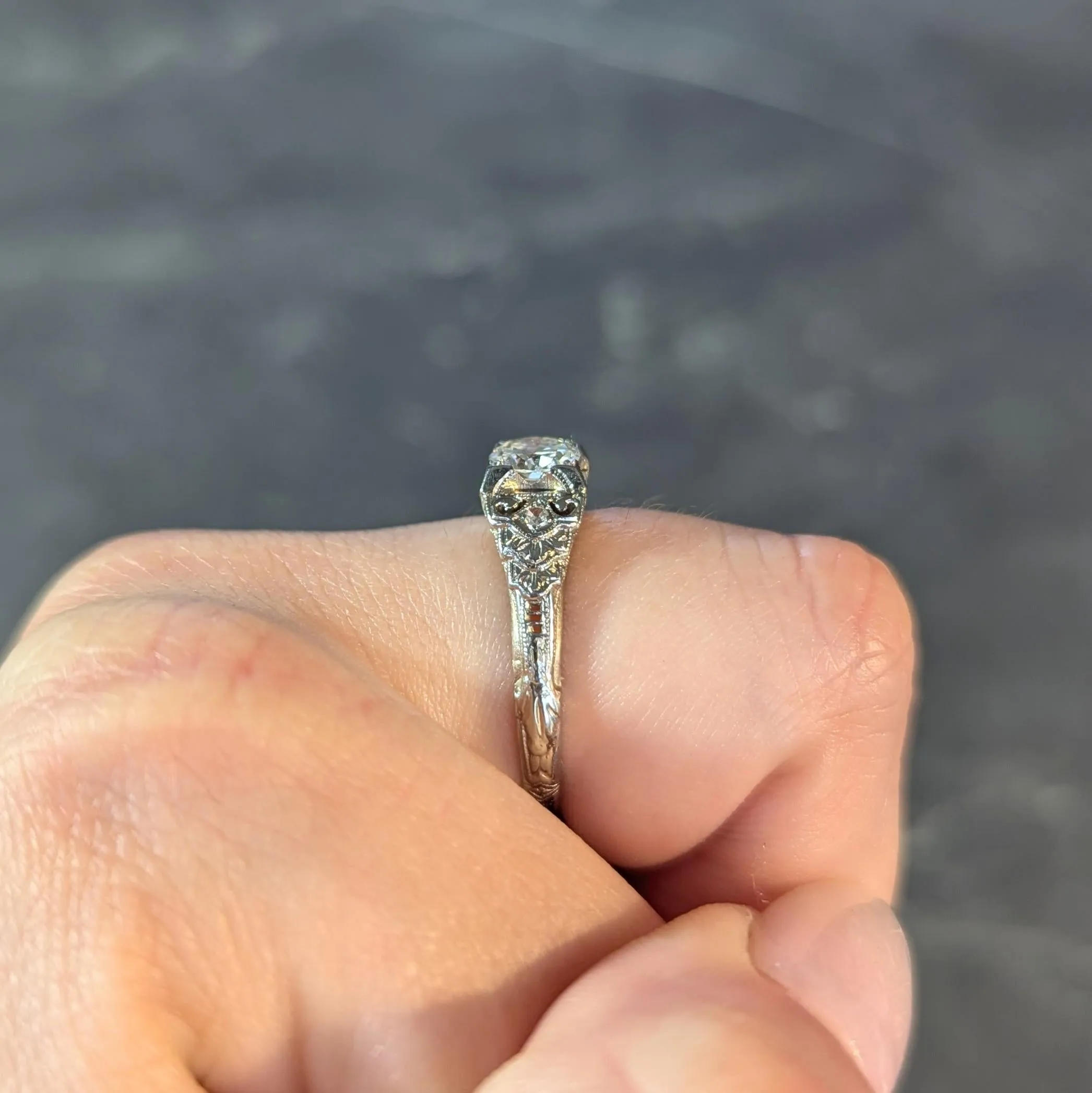 Late Art Deco 0.70 CTW European Cut Diamond 18 Karat White Gold Vintage Lotus Engagement Ring