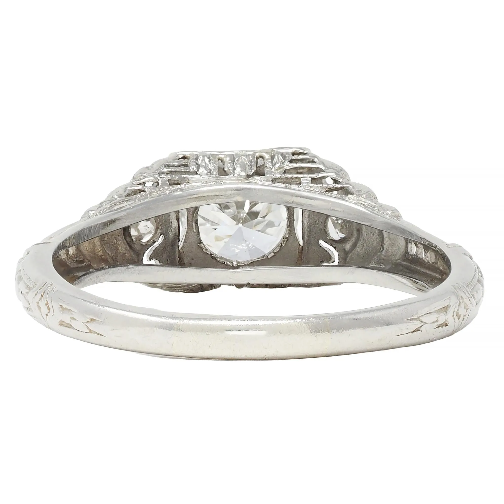 Late Art Deco 0.70 CTW European Cut Diamond 18 Karat White Gold Vintage Lotus Engagement Ring