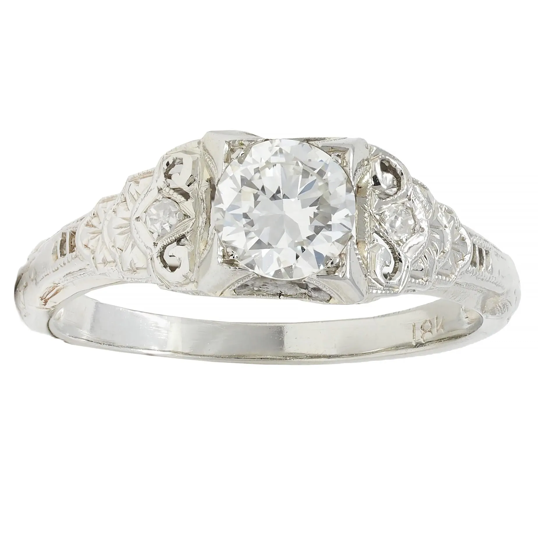Late Art Deco 0.70 CTW European Cut Diamond 18 Karat White Gold Vintage Lotus Engagement Ring