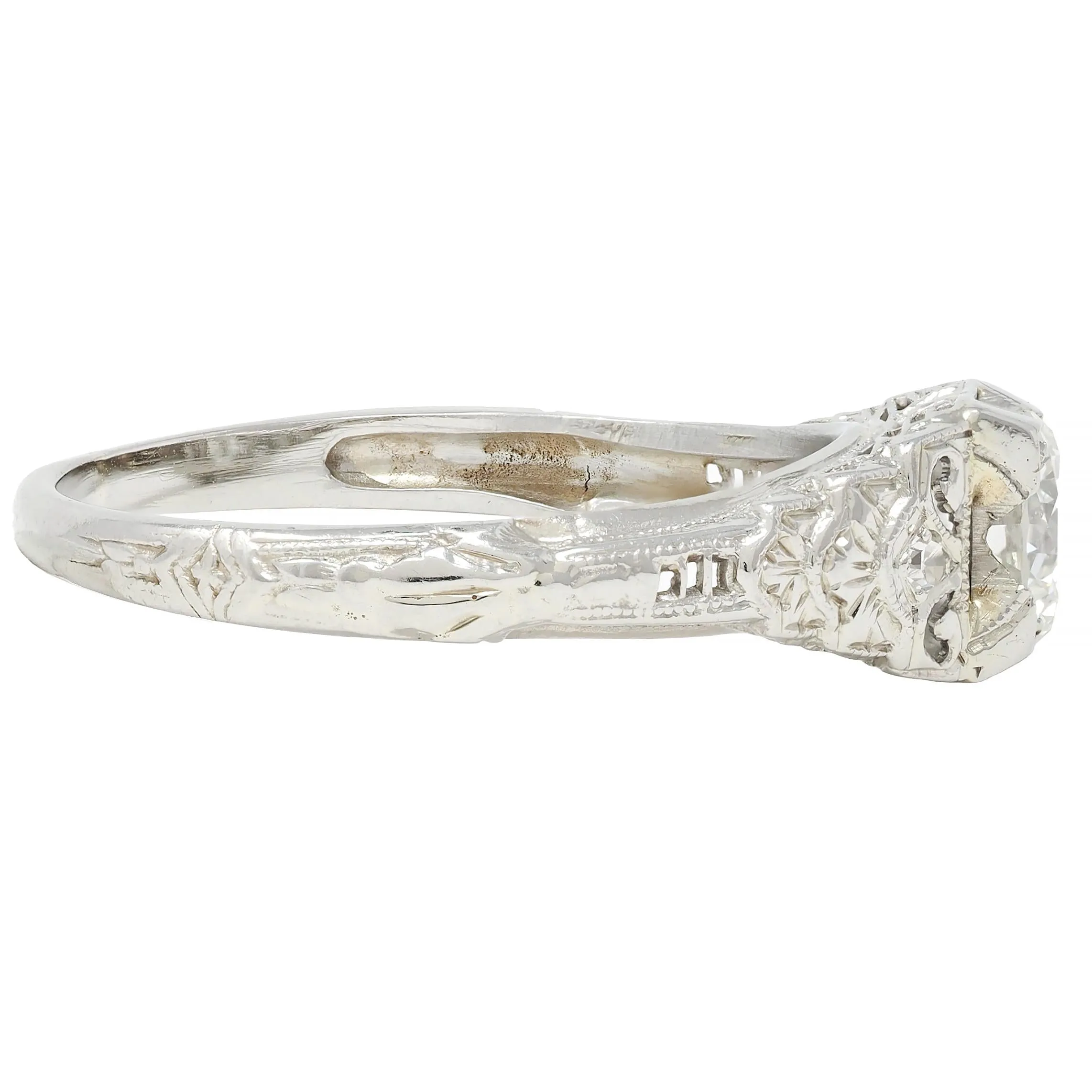 Late Art Deco 0.70 CTW European Cut Diamond 18 Karat White Gold Vintage Lotus Engagement Ring