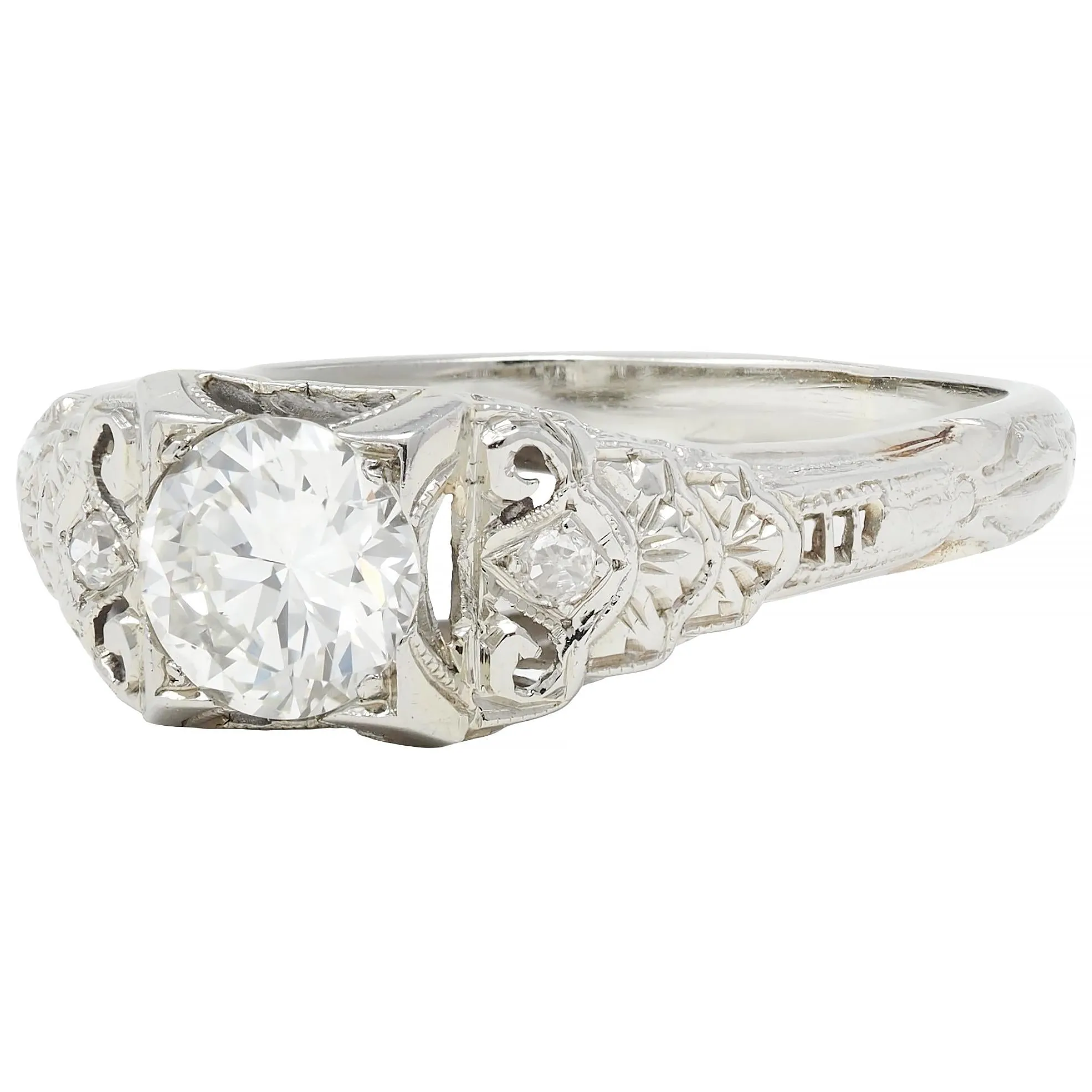 Late Art Deco 0.70 CTW European Cut Diamond 18 Karat White Gold Vintage Lotus Engagement Ring