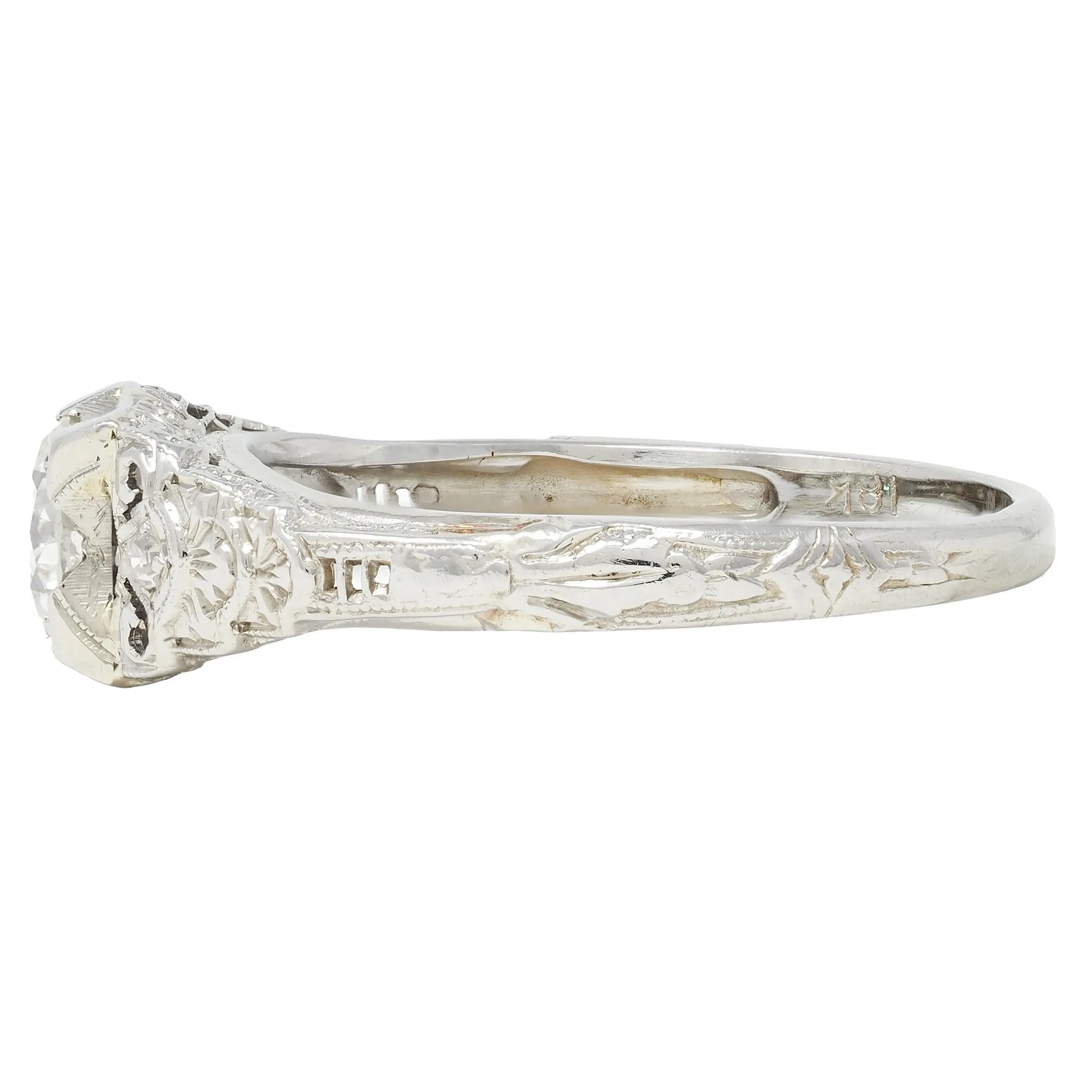 Late Art Deco 0.70 CTW European Cut Diamond 18 Karat White Gold Vintage Lotus Engagement Ring