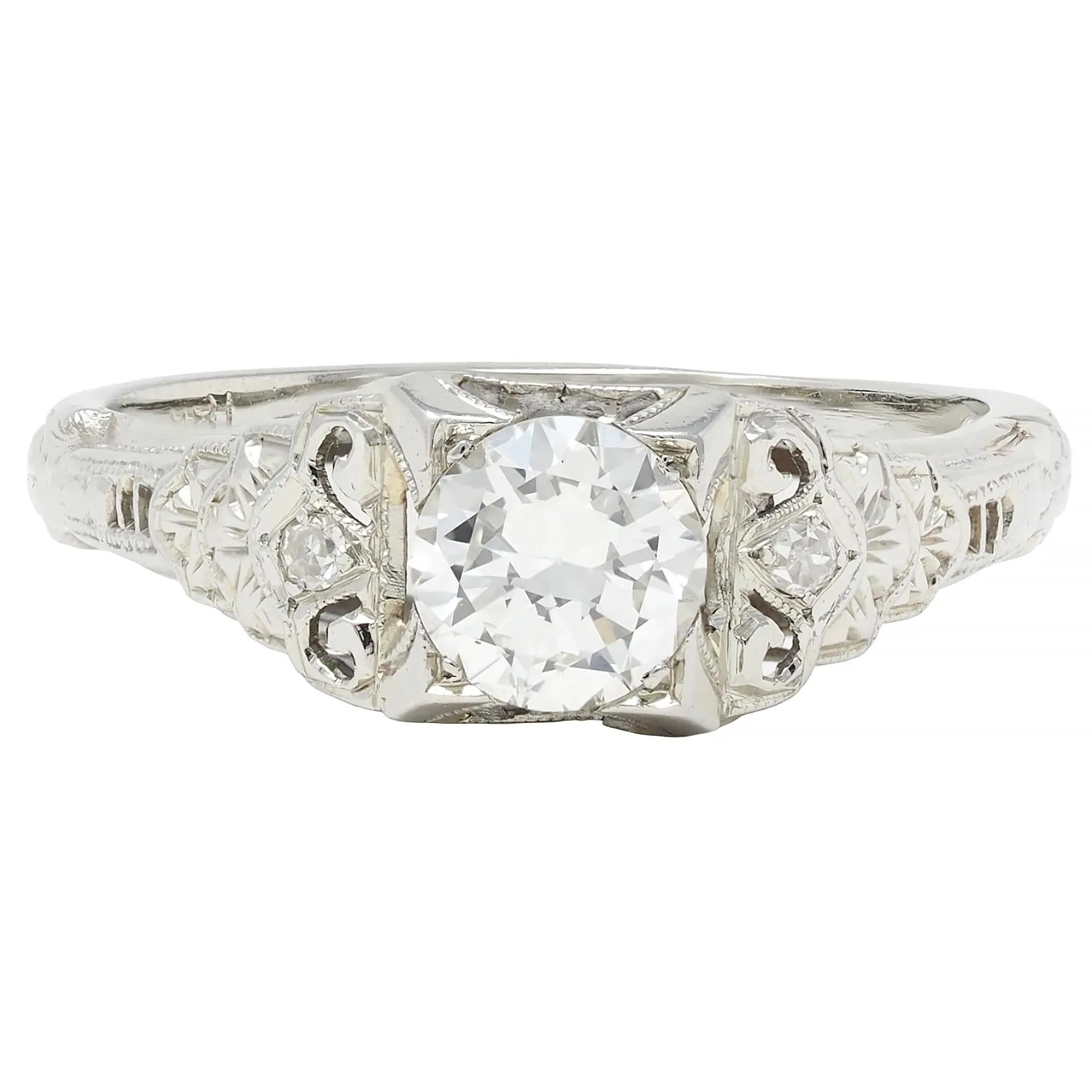 Late Art Deco 0.70 CTW European Cut Diamond 18 Karat White Gold Vintage Lotus Engagement Ring