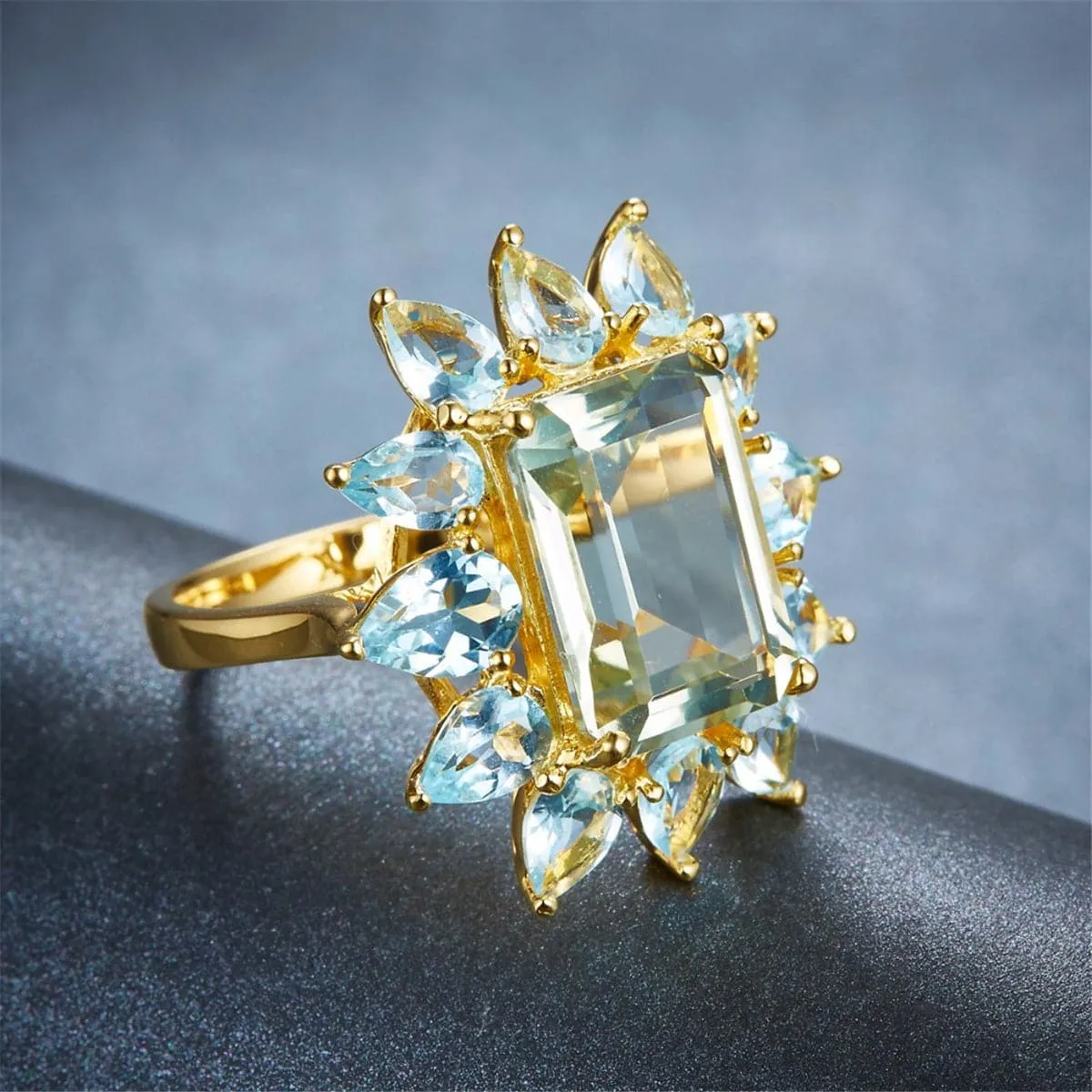 Light Blue Crystal & 18K Gold-Plated Geometry Ring