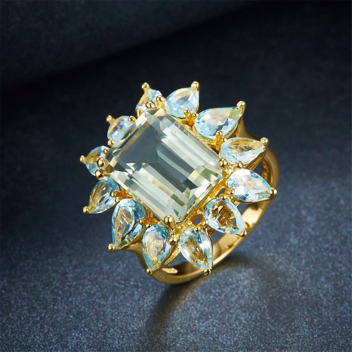 Light Blue Crystal & 18K Gold-Plated Geometry Ring