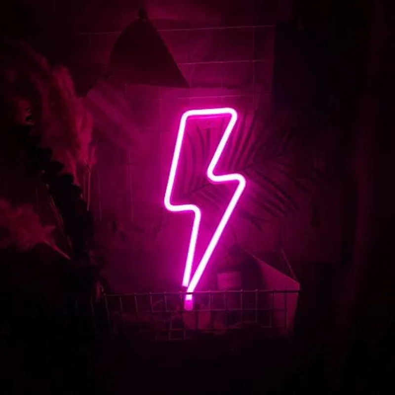 Lightning Neon Sign, Battery or USB Powered LED Night Light for Kids Room, Pink Bedroom Wall Decor for Festival, Party Decorations