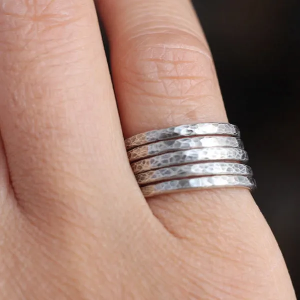 LINA Hammered Sterling Silver Ring Band - Oxidized