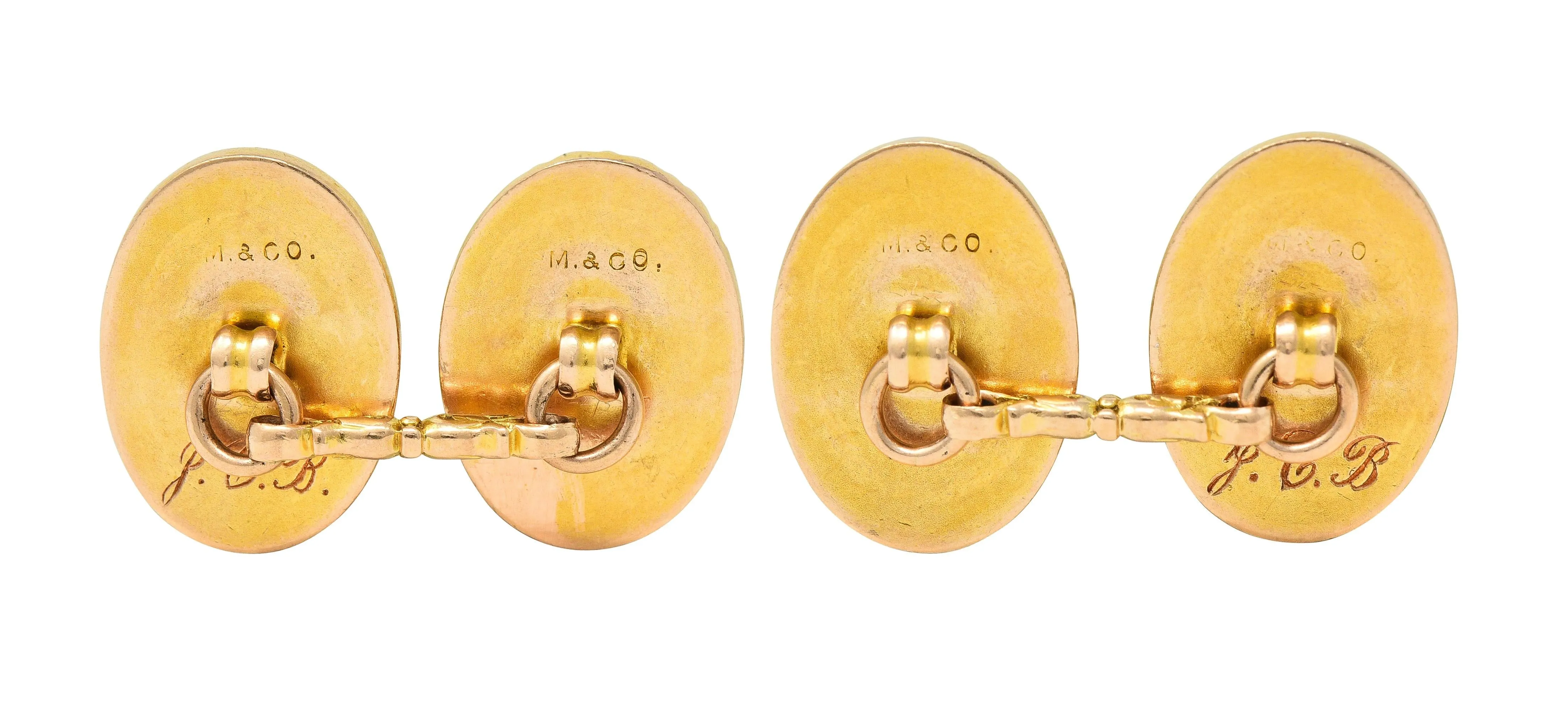 Marcus & Co. Early Art Deco Egyptian Revival Enamel 14 Karat Yellow Gold Antique Cufflinks