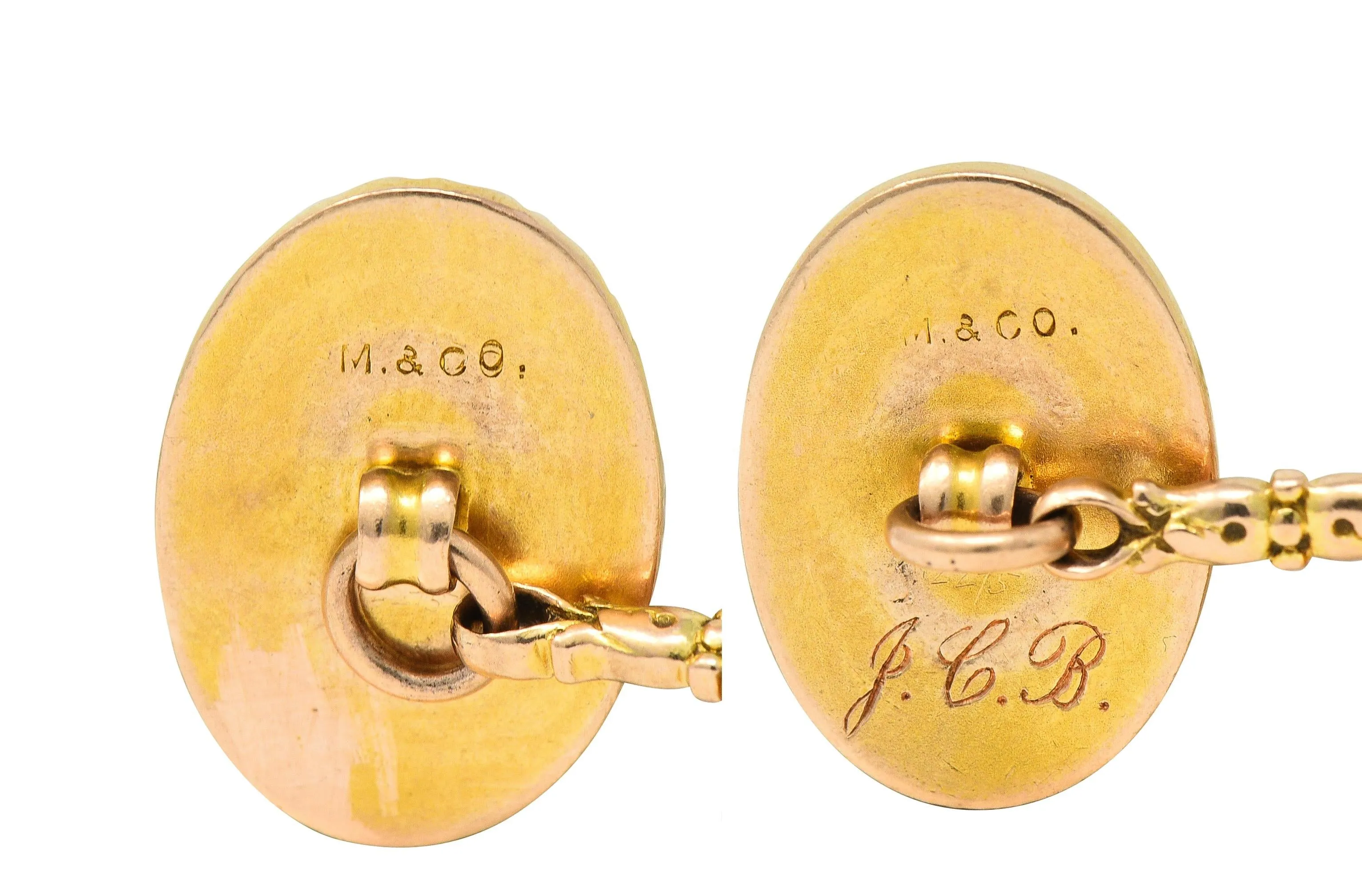 Marcus & Co. Early Art Deco Egyptian Revival Enamel 14 Karat Yellow Gold Antique Cufflinks