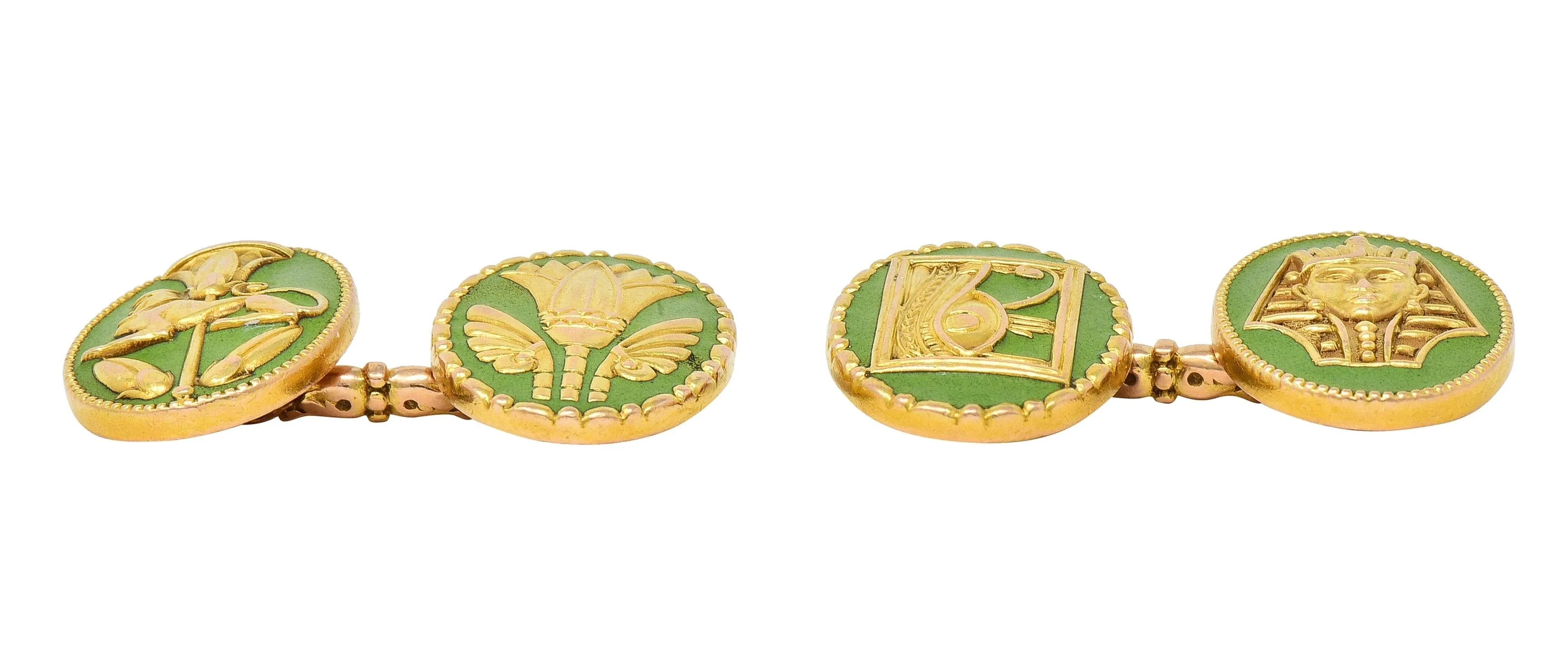 Marcus & Co. Early Art Deco Egyptian Revival Enamel 14 Karat Yellow Gold Antique Cufflinks
