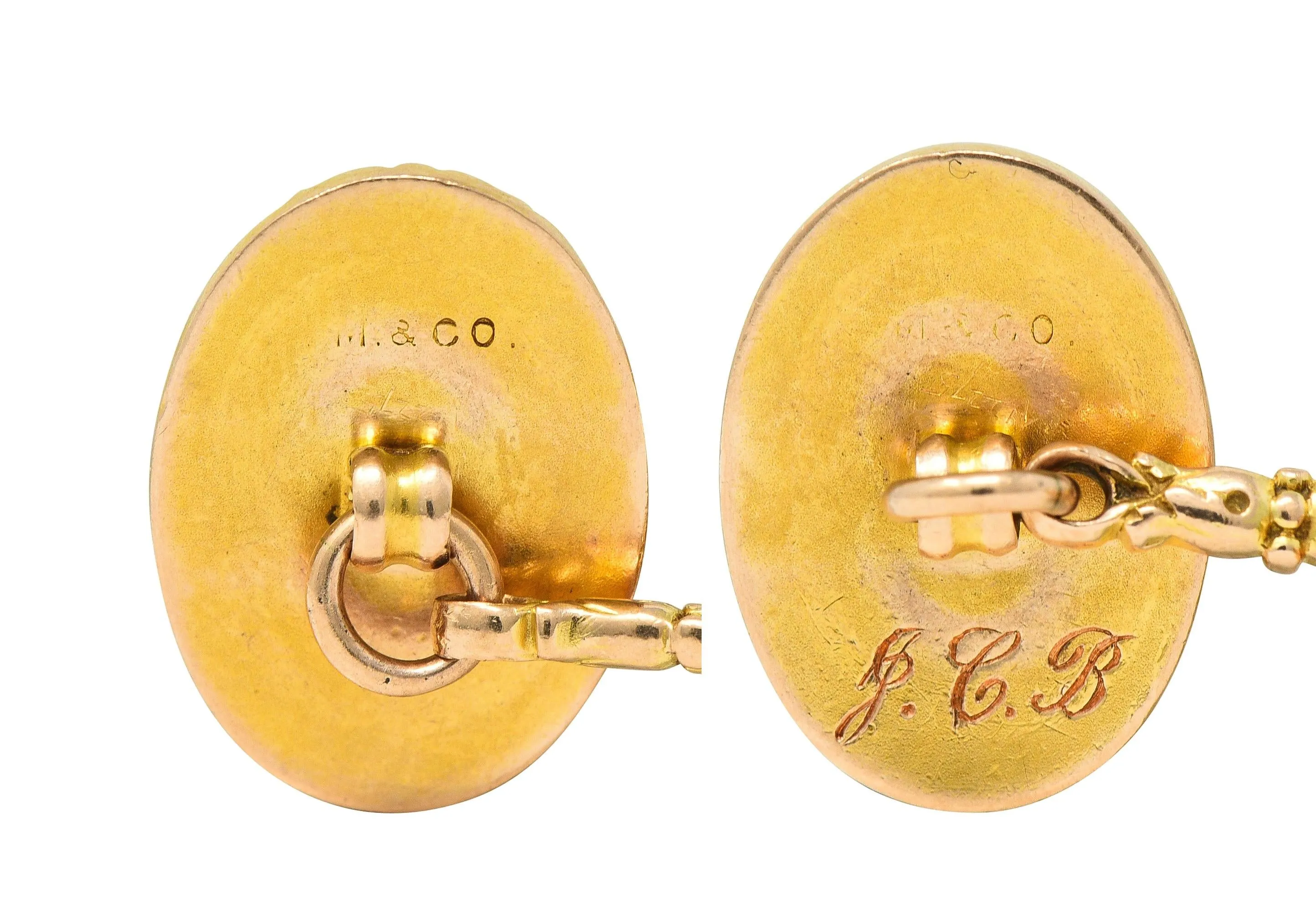 Marcus & Co. Early Art Deco Egyptian Revival Enamel 14 Karat Yellow Gold Antique Cufflinks