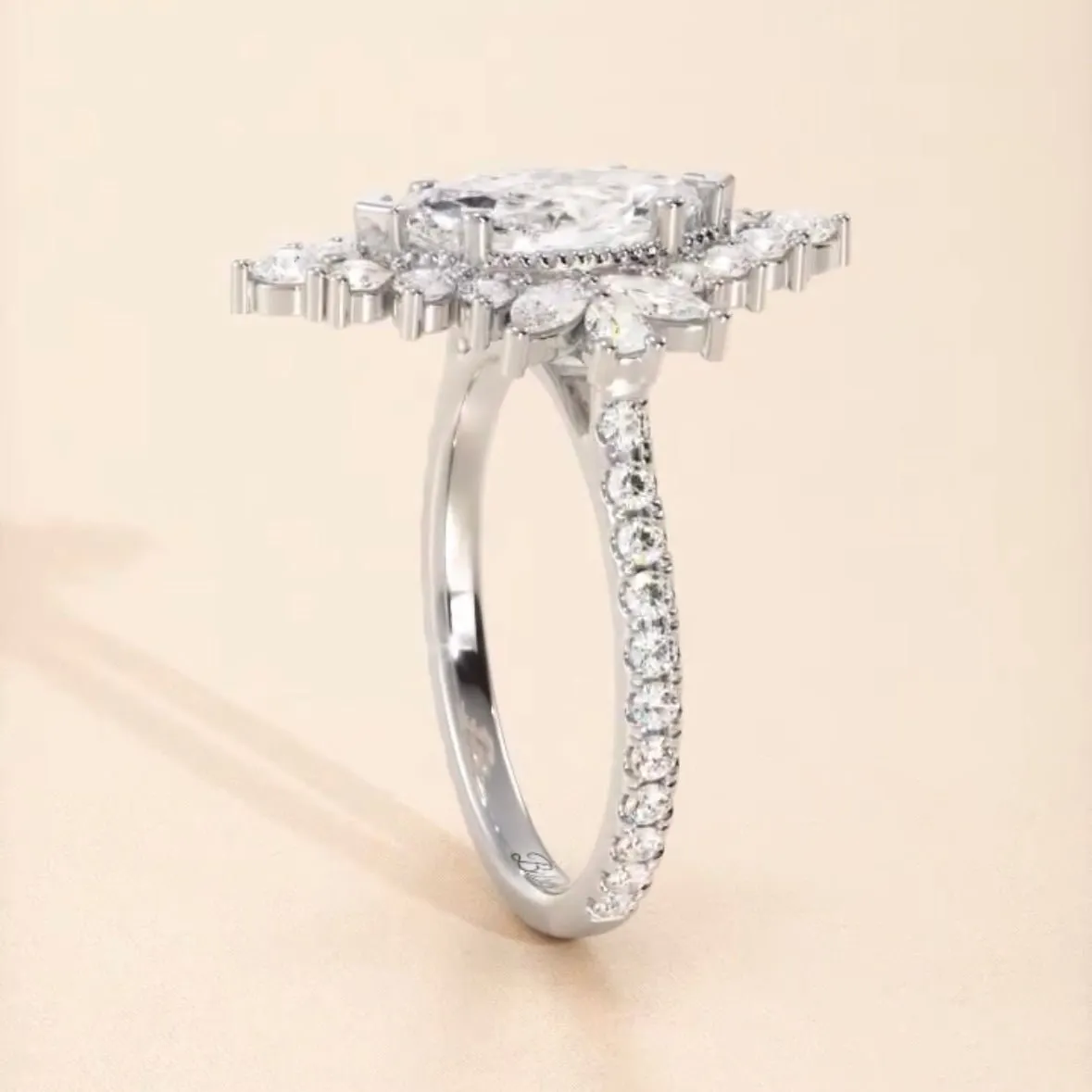 Marquise Art Deco Halo Diamond Engagement Ring