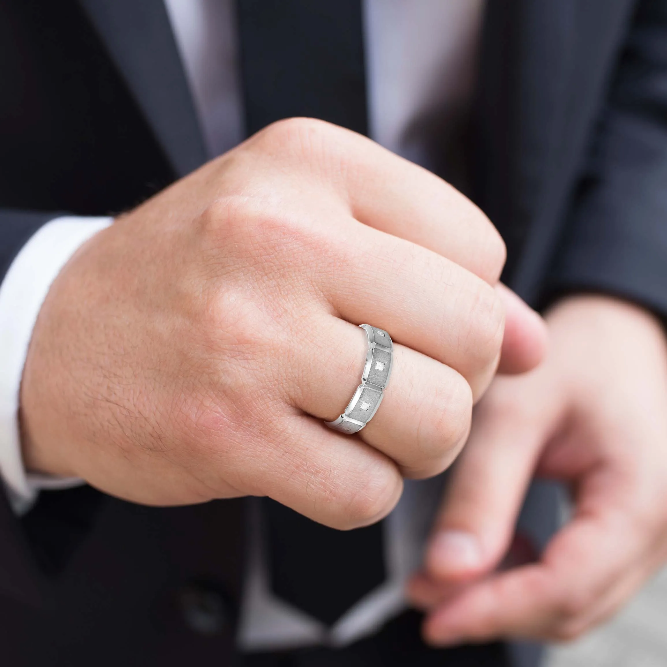 Men's Brick Squared Sand Blasted Accented Diamond Wedding Band