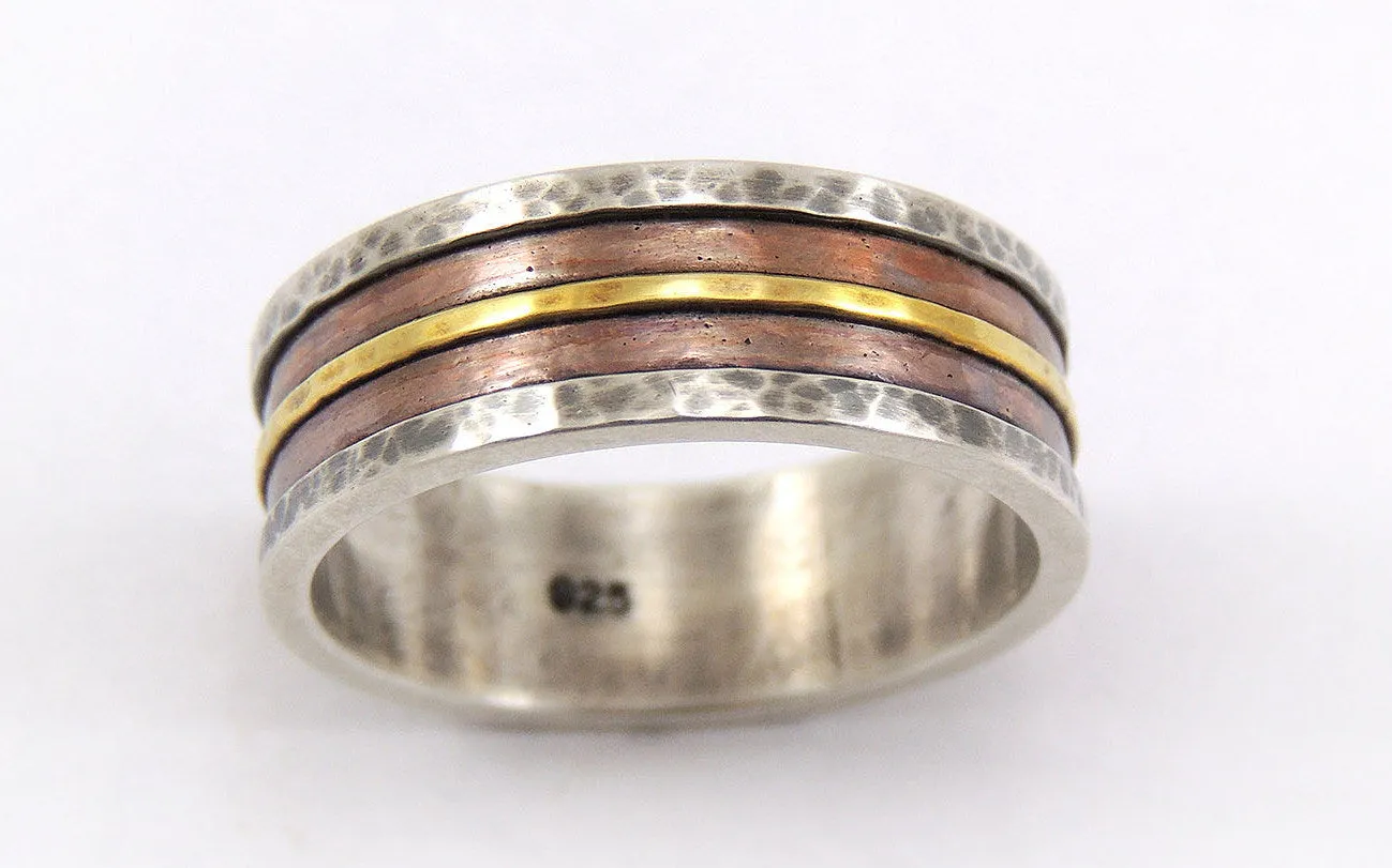 Mens Rustic Ring - 14K Gold / Silver / Copper / 8mm - 12mm
