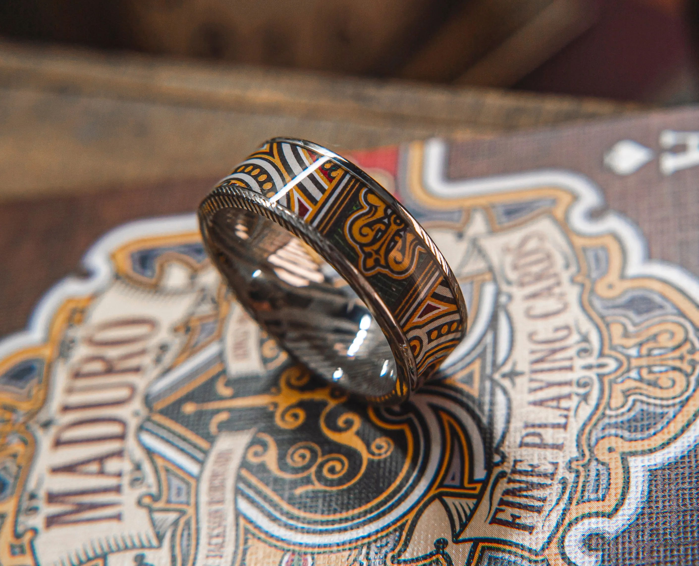 Mens Wedding band in Damascus Steel and Maduro Feat. KingsWildProject luxury playing cards.