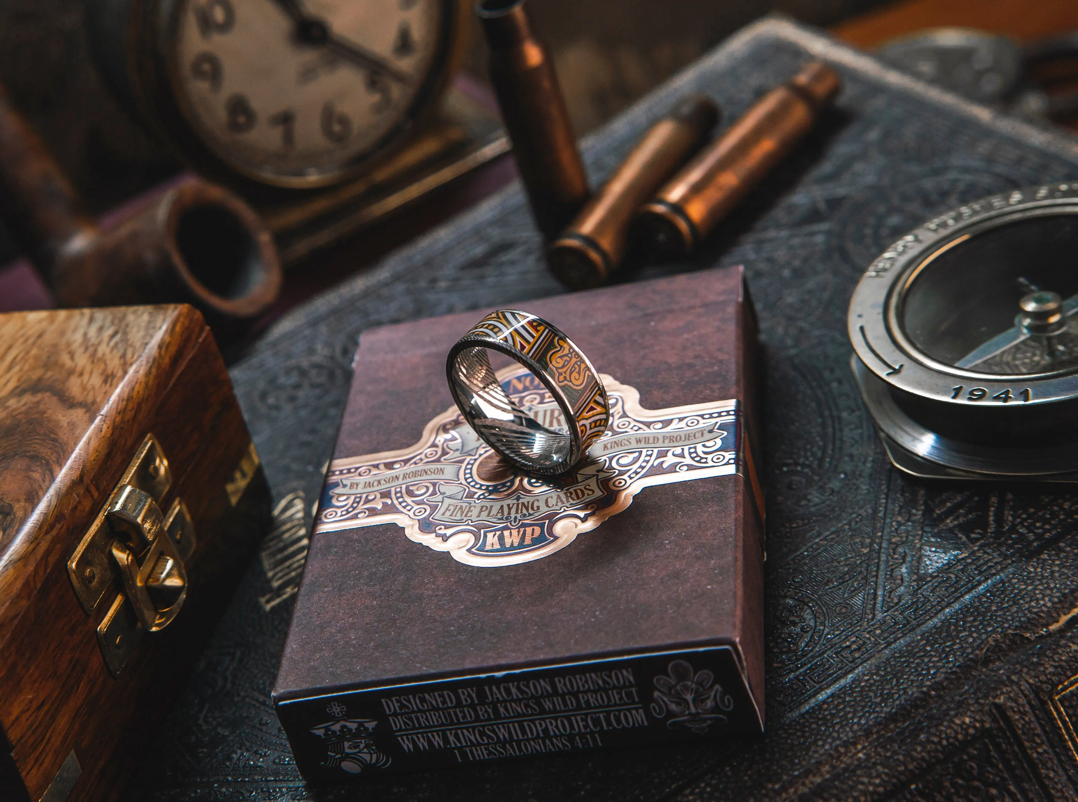 Mens Wedding band in Damascus Steel and Maduro Feat. KingsWildProject luxury playing cards.