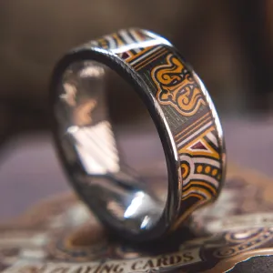 Mens Wedding band in Damascus Steel and Maduro Feat. KingsWildProject luxury playing cards.