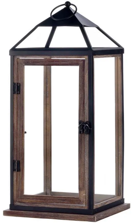 Metal trimmed rustic brown wooden lantern
