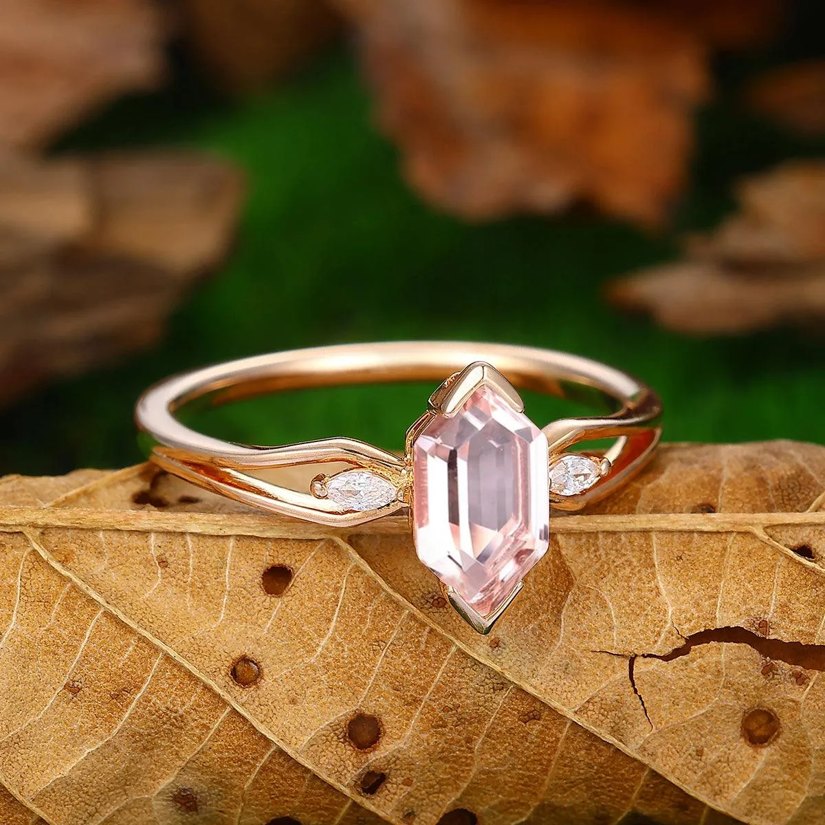 Minimalist  1.1CT Long Hexagon Cut Natural Pink Morganite 14k Solid Gold Ring