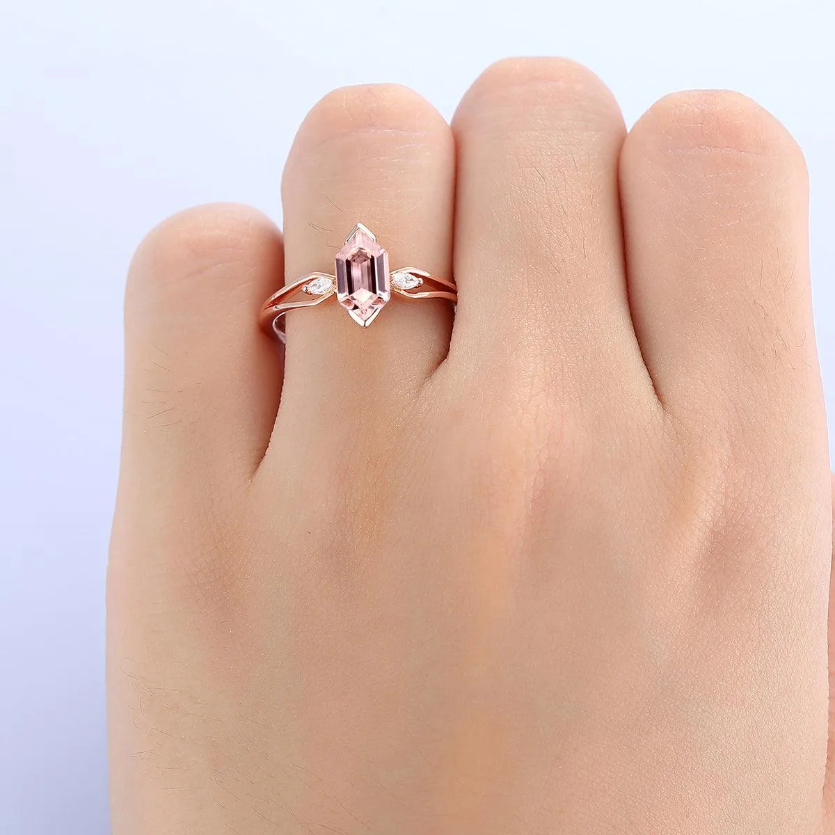 Minimalist  1.1CT Long Hexagon Cut Natural Pink Morganite 14k Solid Gold Ring