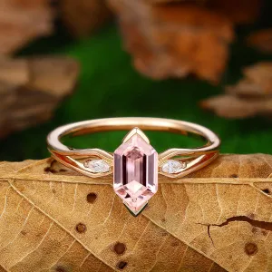 Minimalist  1.1CT Long Hexagon Cut Natural Pink Morganite 14k Solid Gold Ring