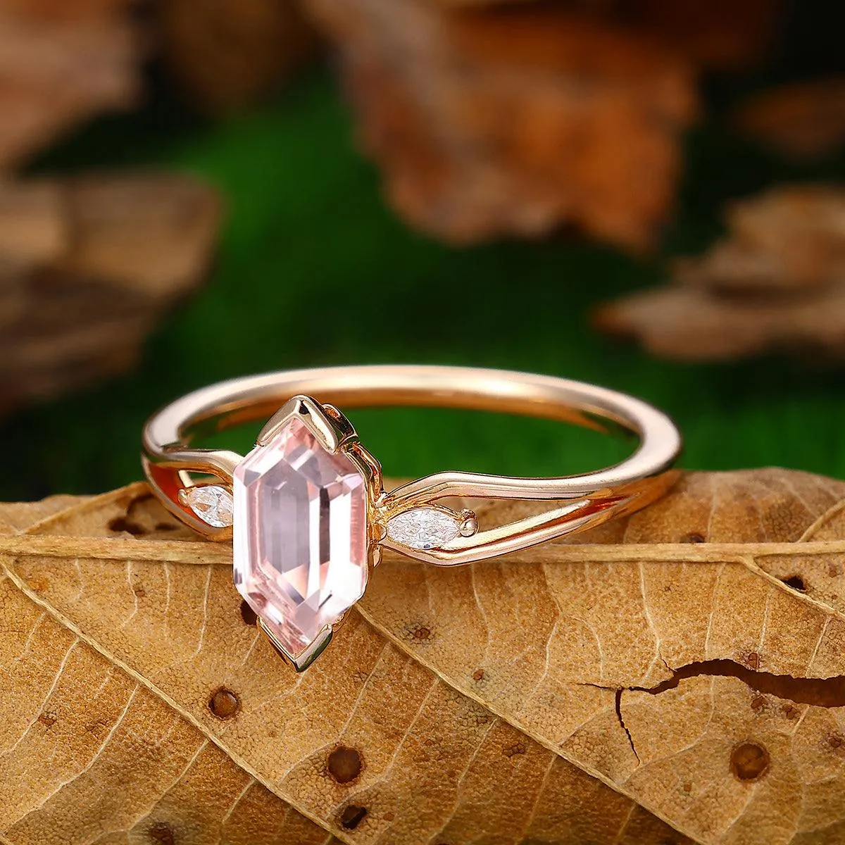 Minimalist  1.1CT Long Hexagon Cut Natural Pink Morganite 14k Solid Gold Ring