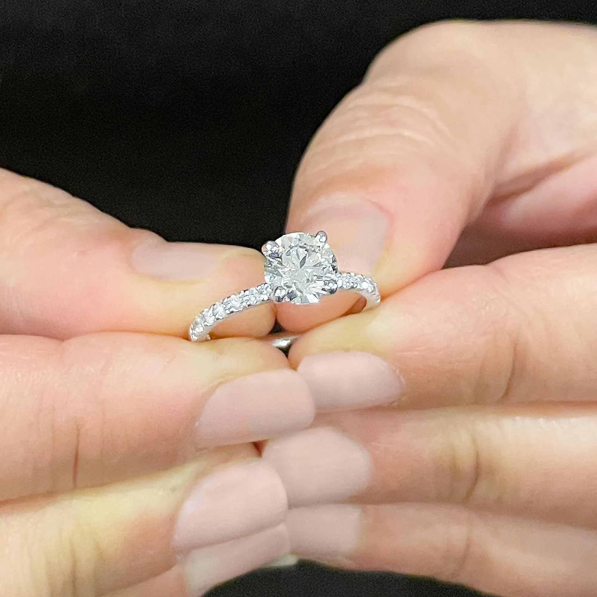 Minimalist 14K Solid White Gold Round Cut Moissanite and Natural Diamond Engagement Ring Bridal, Wedding 1.45ctw