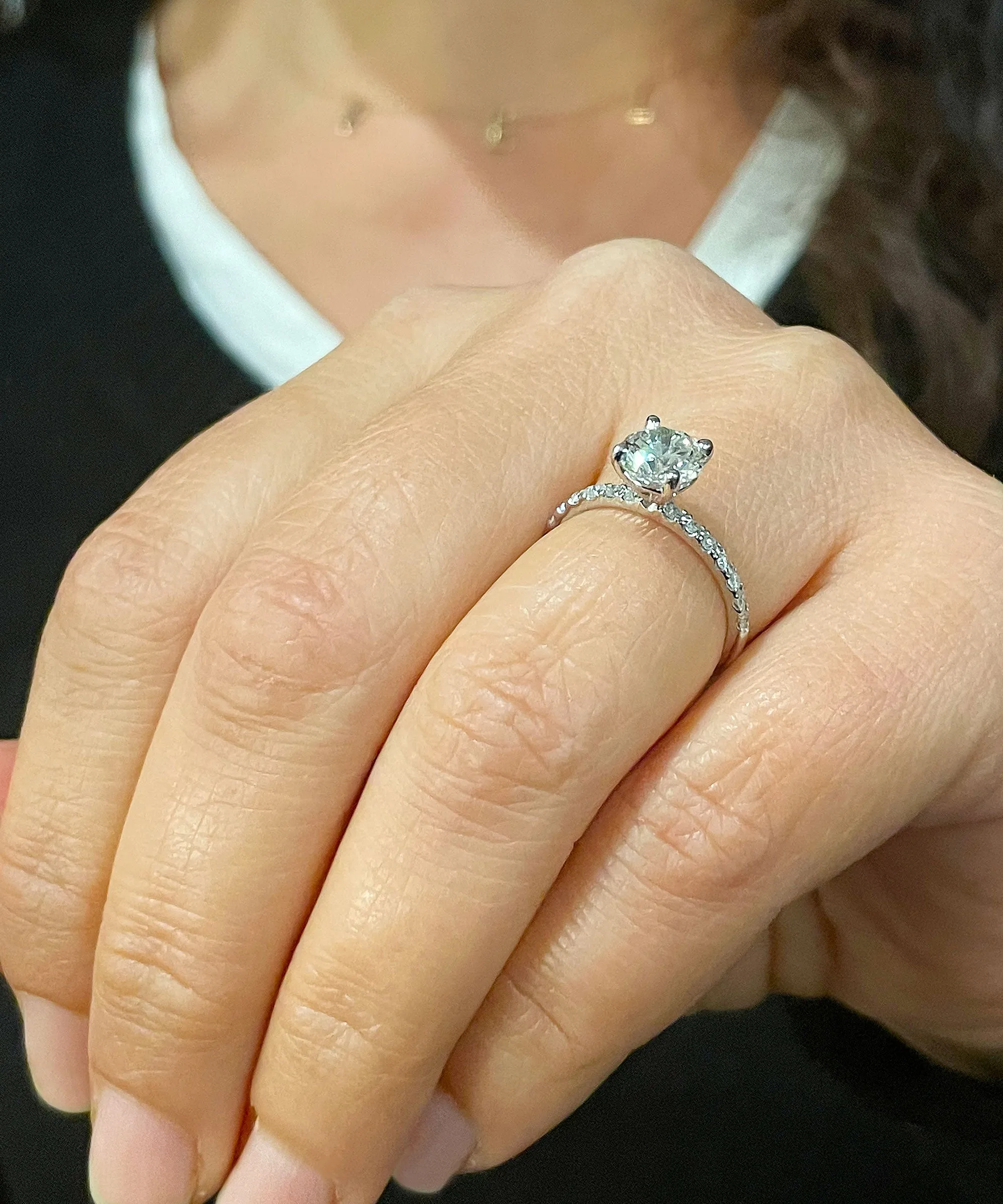 Minimalist 14K Solid White Gold Round Cut Moissanite and Natural Diamond Engagement Ring Bridal, Wedding 1.45ctw