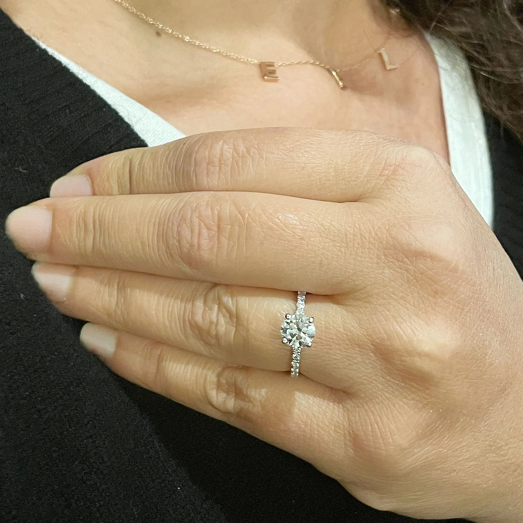 Minimalist 14K Solid White Gold Round Cut Moissanite and Natural Diamond Engagement Ring Bridal, Wedding 1.45ctw