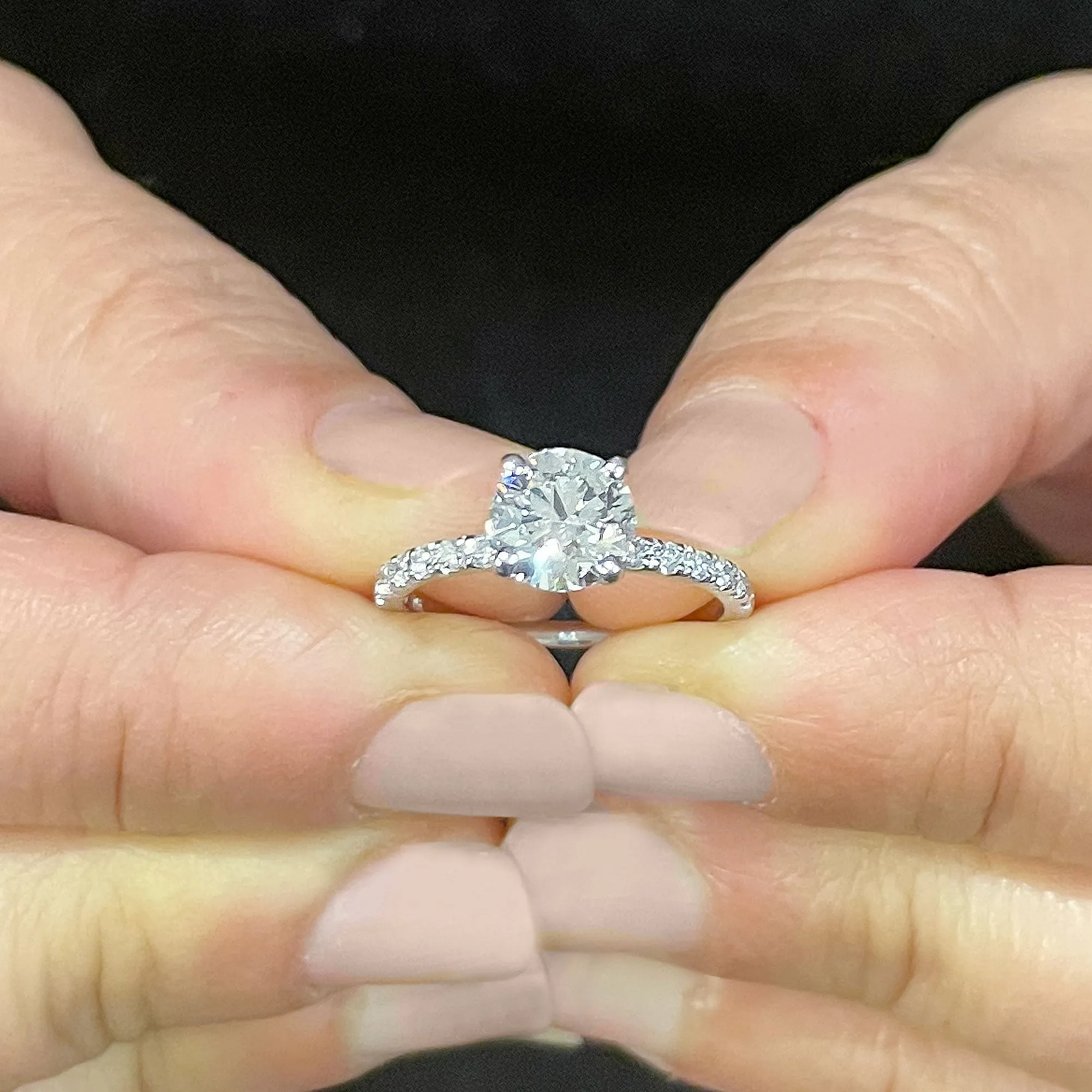 Minimalist 14K Solid White Gold Round Cut Moissanite and Natural Diamond Engagement Ring Bridal, Wedding 1.45ctw