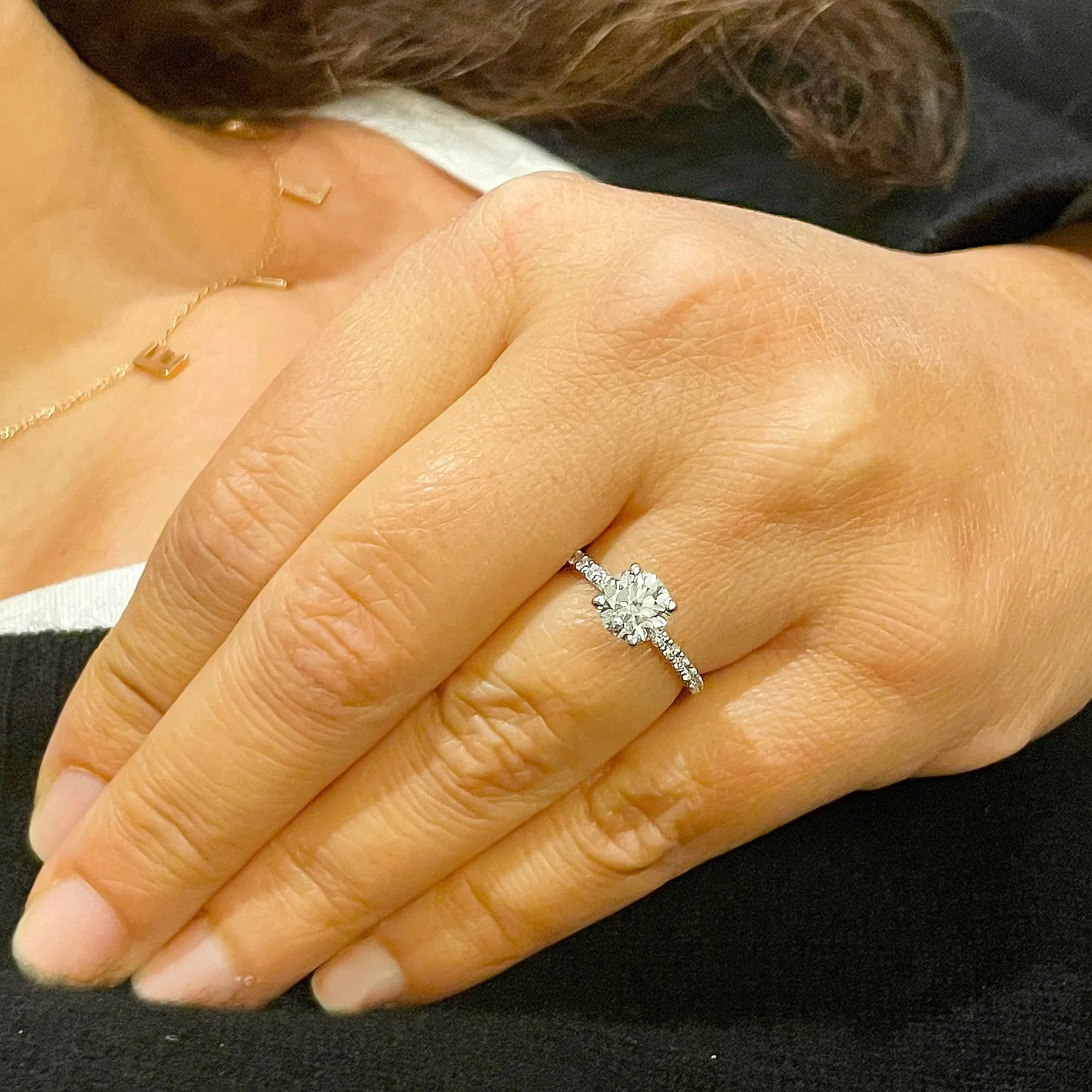 Minimalist 14K Solid White Gold Round Cut Moissanite and Natural Diamond Engagement Ring Bridal, Wedding 1.45ctw