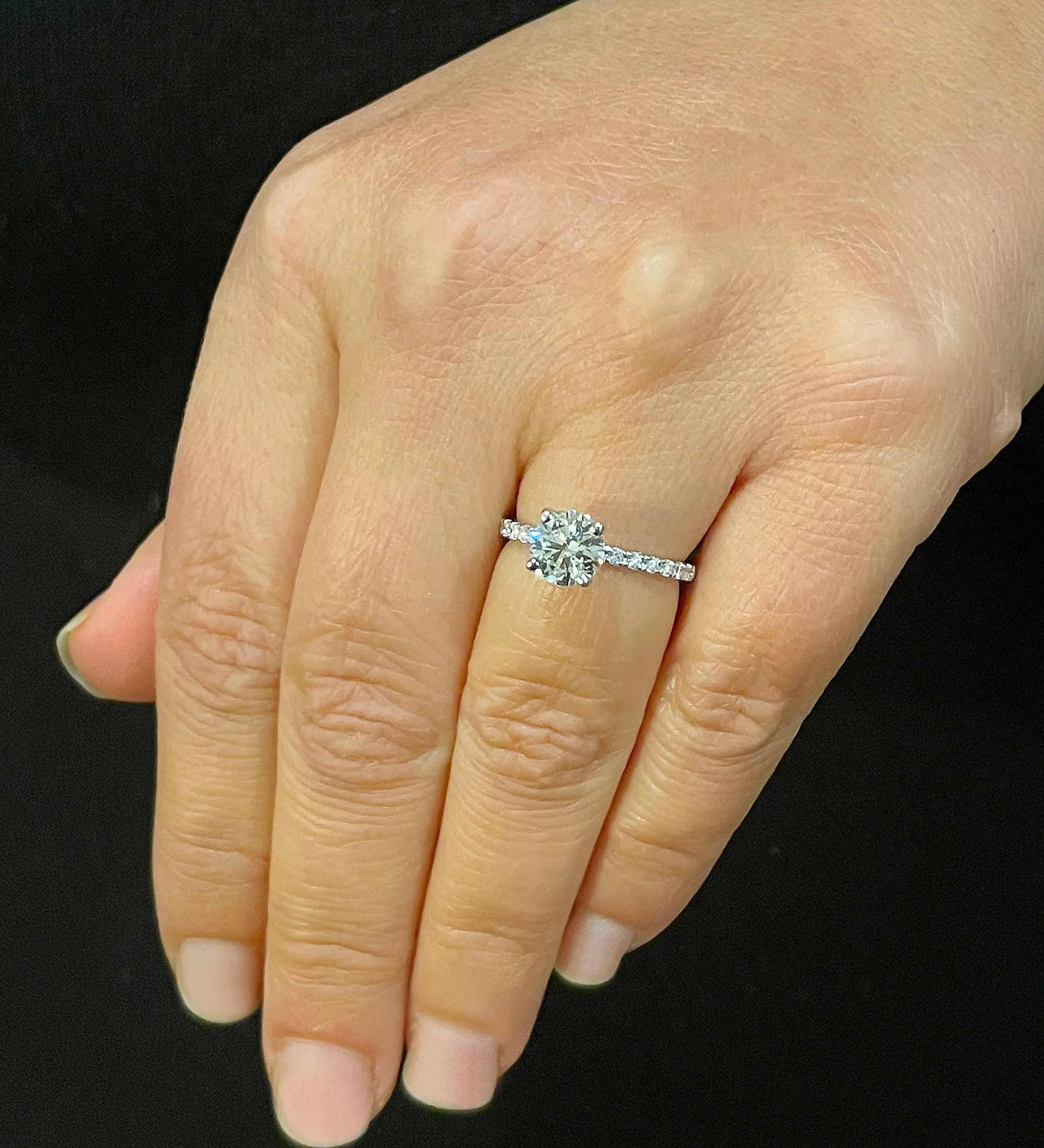 Minimalist 14K Solid White Gold Round Cut Moissanite and Natural Diamond Engagement Ring Bridal, Wedding 1.45ctw
