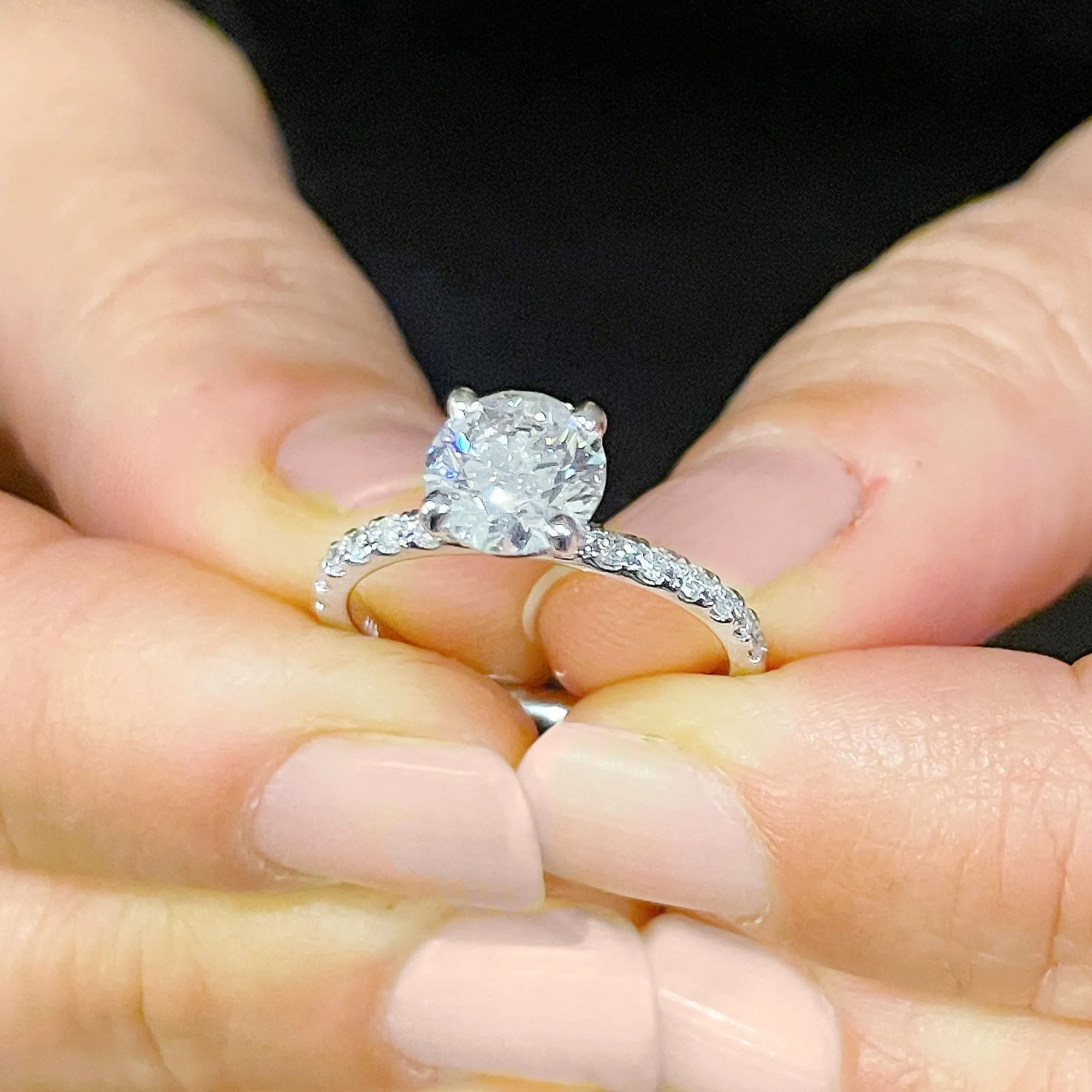 Minimalist 14K Solid White Gold Round Cut Moissanite and Natural Diamond Engagement Ring Bridal, Wedding 1.45ctw