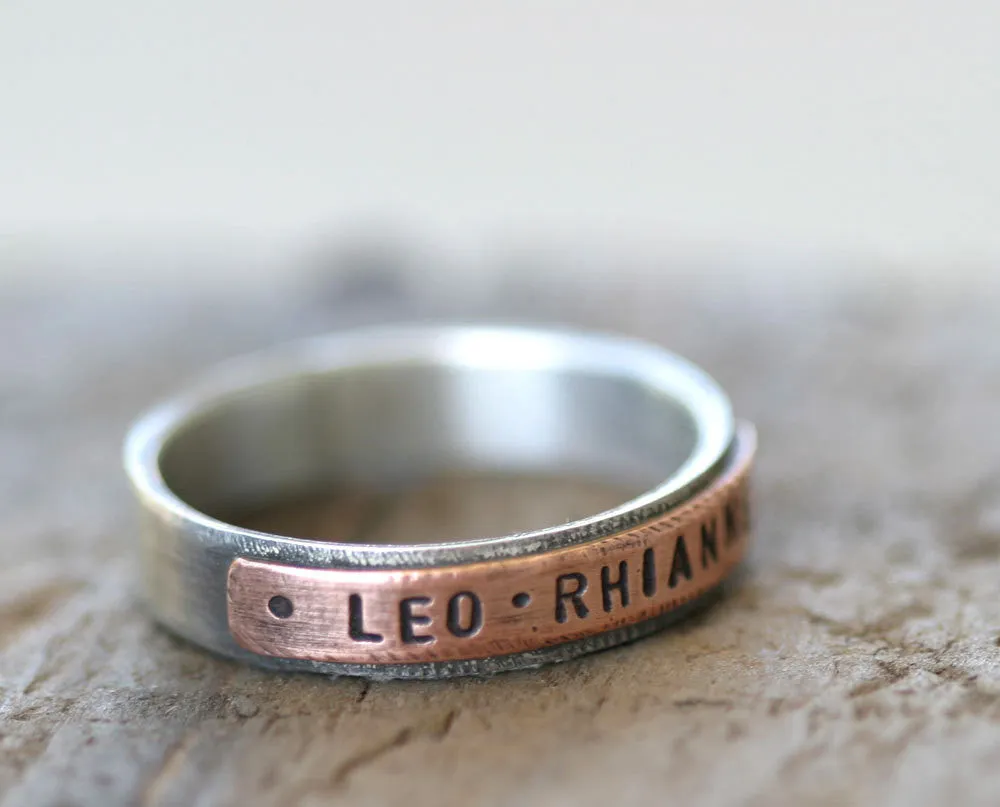 Mixed metal copper and sterling silver personalized band ring (S0180)