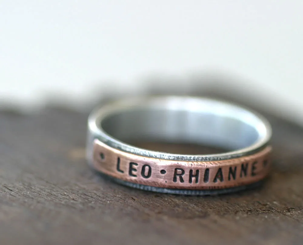 Mixed metal copper and sterling silver personalized band ring (S0180)