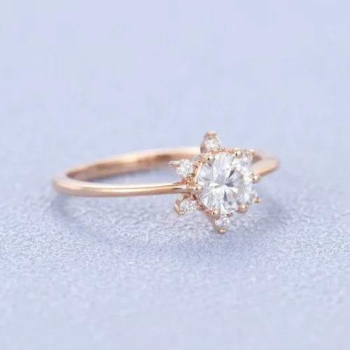 Moissanite engagement ring rose gold unique engagement ring vintage side stone Round shaped wedding for women Bridal Anniversary gift