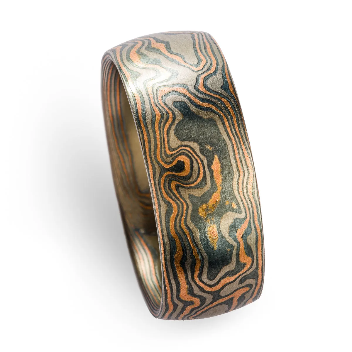 Mokume Gane Rustic Ring or Wedding Band in Oxidized Embers Palette and Woodgrain Pattern