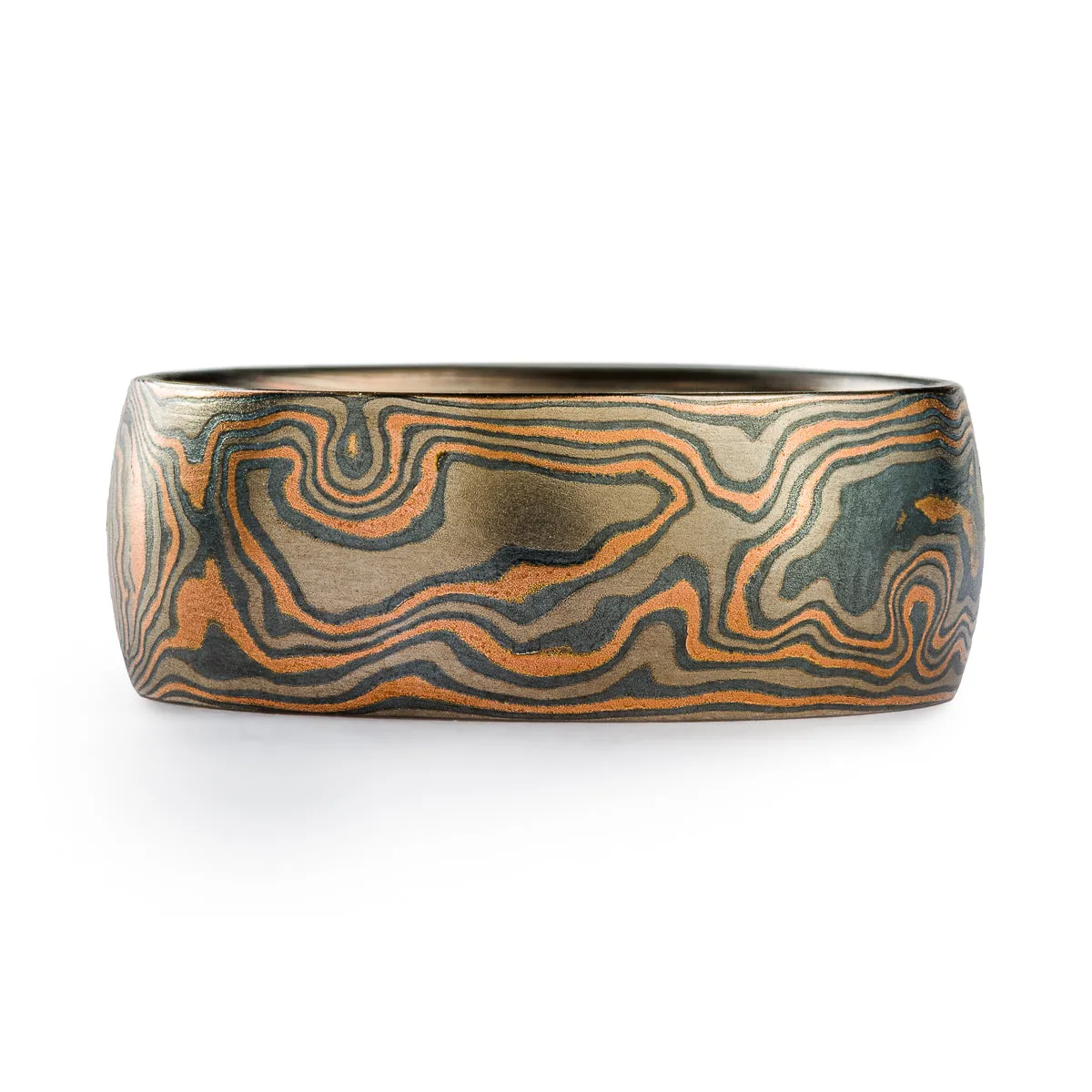 Mokume Gane Rustic Ring or Wedding Band in Oxidized Embers Palette and Woodgrain Pattern