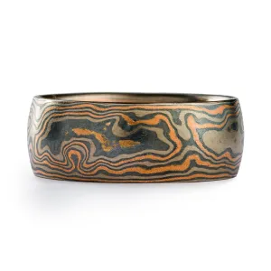 Mokume Gane Rustic Ring or Wedding Band in Oxidized Embers Palette and Woodgrain Pattern