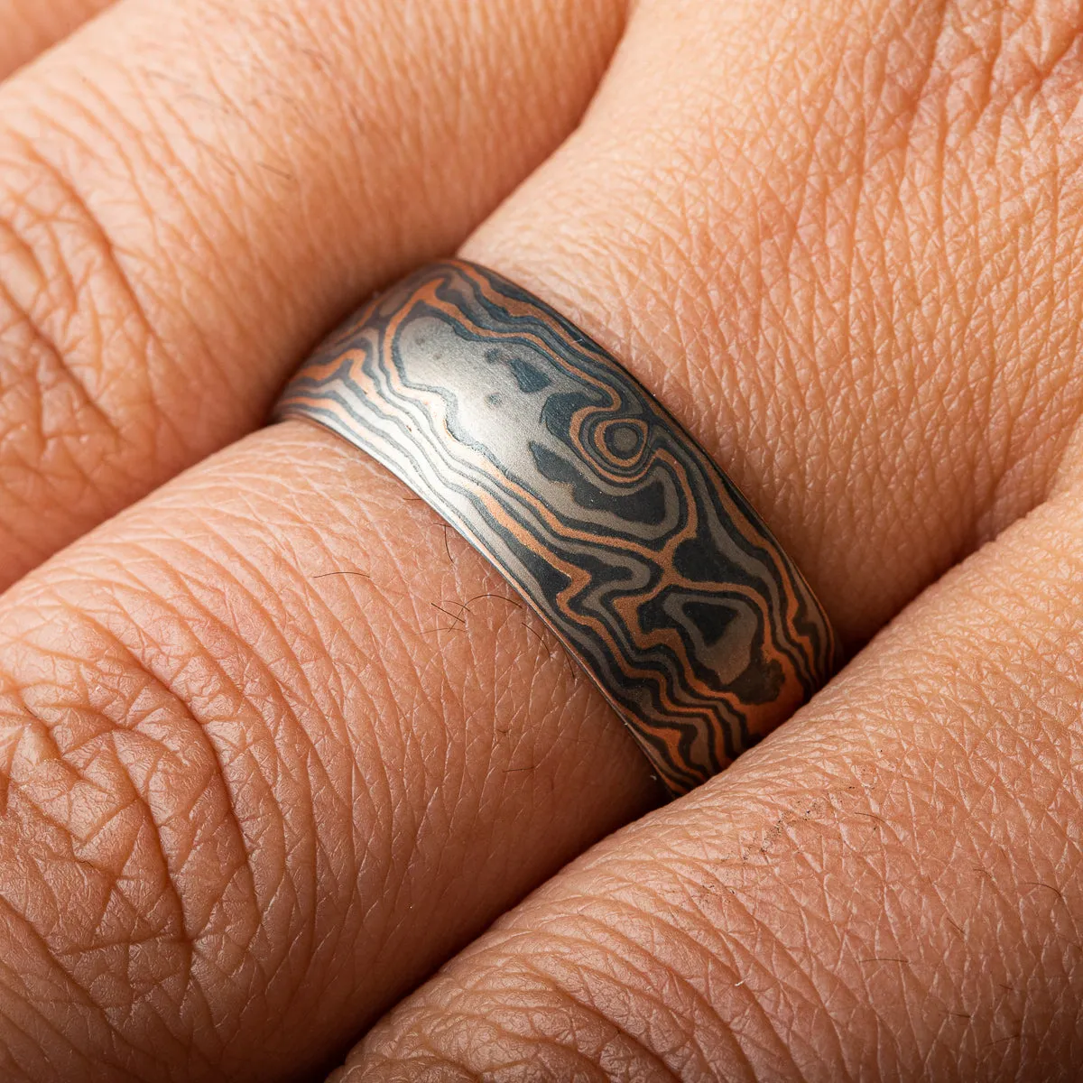 Mokume Gane Rustic Ring or Wedding Band in Oxidized Embers Palette and Woodgrain Pattern