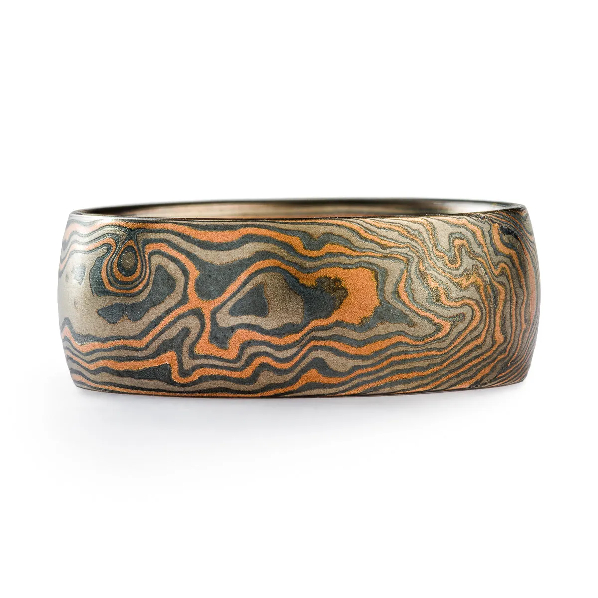 Mokume Gane Rustic Ring or Wedding Band in Oxidized Embers Palette and Woodgrain Pattern