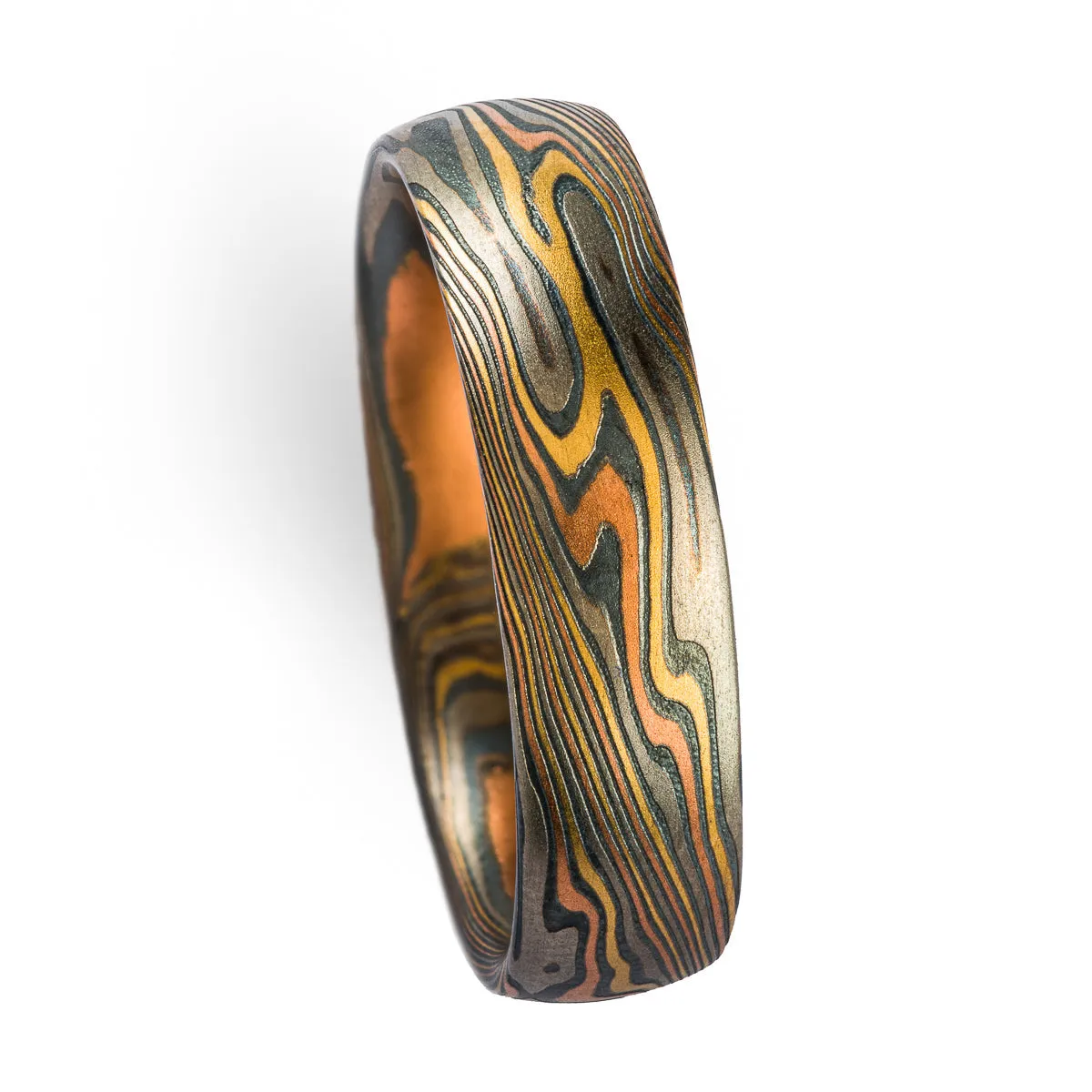 Mokume Gane Rustic Wedding Band in Twist Pattern and Firestorm Palette