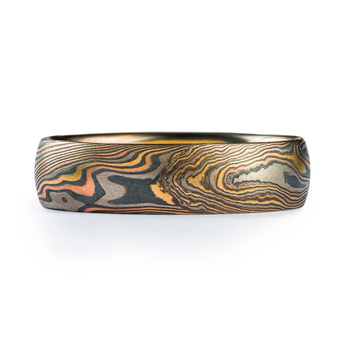 Mokume Gane Rustic Wedding Band in Twist Pattern and Firestorm Palette