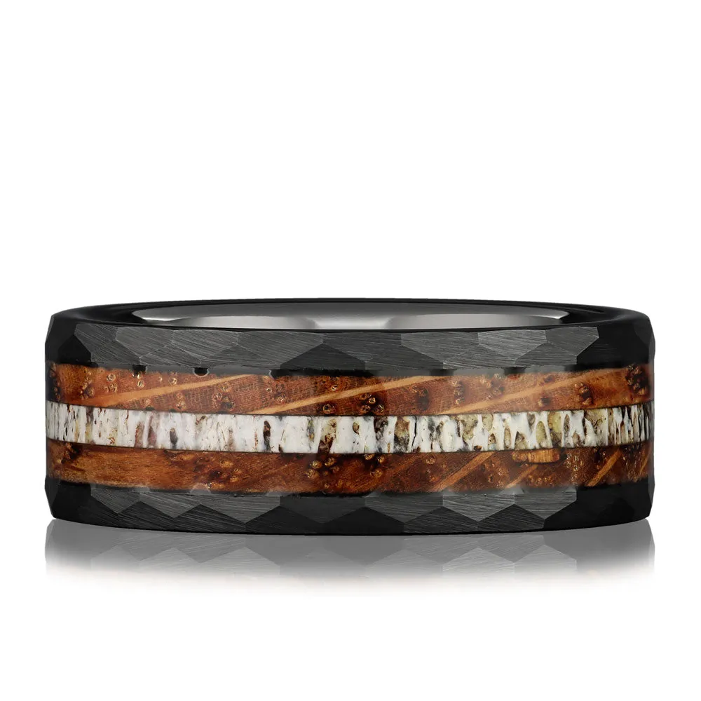 NAPOLI - Black Tungsten ring with Antler and Whiskey Barrel Wood Inlay