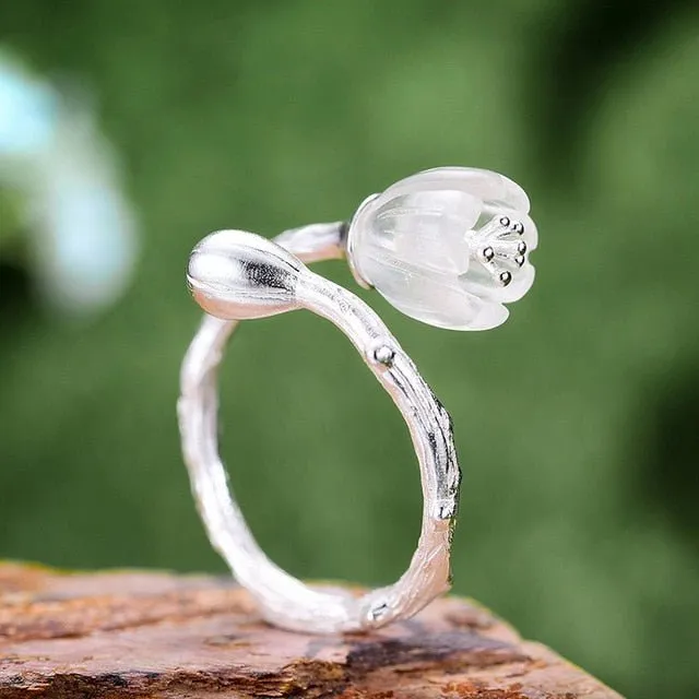 Natural Crystal Handmade 925 Sterling Silver Fine Jewelry Lily of the Valley Flower Rings For Women