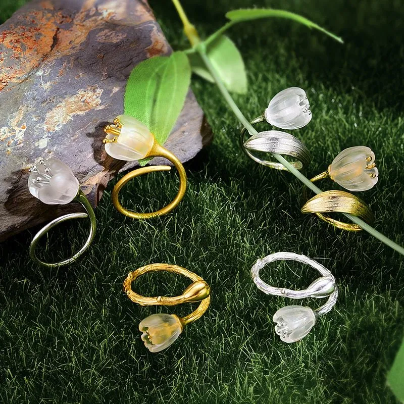 Natural Crystal Handmade 925 Sterling Silver Fine Jewelry Lily of the Valley Flower Rings For Women